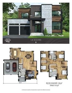 two story house plan with three car garages in the middle and one bedroom on the second