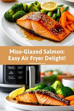 salmon and broccoli on a plate with the words miso glazed salmon easy air fryer delight