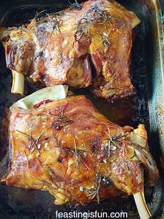 two pieces of meat in a roasting pan