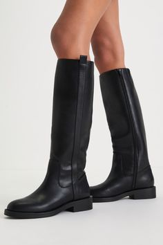 Flat Tall Black Boots, Low Heel Knee High Boots, Kitten Heels Outfit Dress, Knee High Boots No Heel, Leather Knee High Boots Outfit, Black Boots Flat, Black Riding Boots Outfit, Black Flat Knee High Boots, Going Out Boots