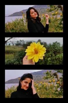 a woman holding a yellow flower in front of her face and the other side of her face