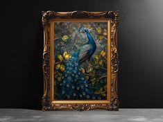 a painting of a blue peacock in a gold frame on a black wall next to a gray floor