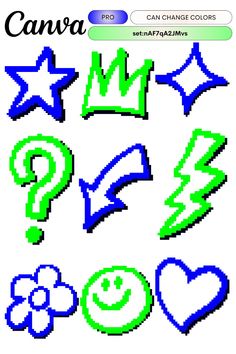 an image of pixel art with different shapes and colors on it, including stars and hearts