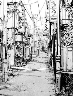 black and white drawing of an alley way