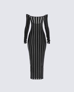 This dress is the epitome of sass, and style 🖤 With its velvety and sheer stripes, off-shoulder allure, sexy back slit, long sleeves, and a fit that hugs your curves... it is the perfect recipe for a timeless, and flattering fit 💋 Aries Clothing Style, Long Black Dress Classy, Dresses Going Out, Pisces Dress To Impress, Edgy Formal Dresses, Black Dress Stockings Outfit, Night Out Looks Clubwear, Latina Goth Fashion, All Black Fashion Outfits