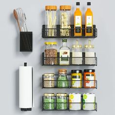 an organized spice rack with spices, condiments and utensils