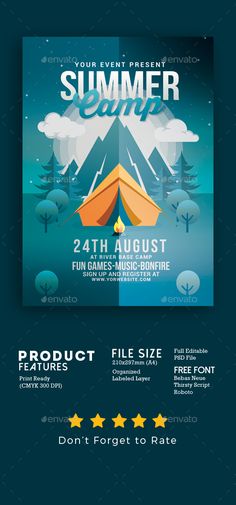 a flyer for a summer camp event with mountains and trees in the background - flyers print templates