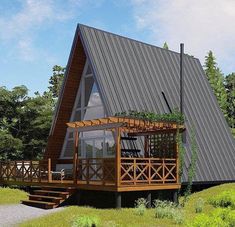 a - frame cabin in the woods with porches and stairs leading up to it