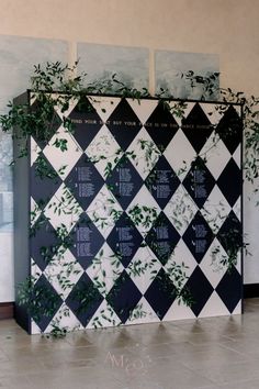 a black and white checkered wall with plants growing on it's back side