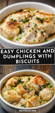 chicken and dumplings with biscuits in a casserole dish