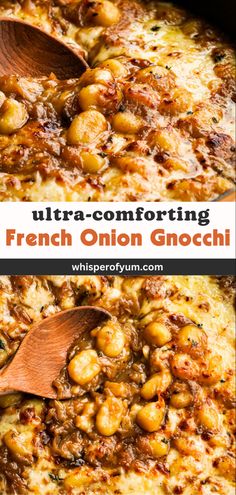 French onion gnocchi in a skillet topped with gruyère and Comte cheese. Gnocchi In Crockpot, French Onion Gnocchi Recipes, Crockpot Soup Recipes Gnocchi, French Onion Gnocchi Soup Delish, French Onion Beef Gnocchi, Potato Gnocchi Beef Stew, Gnocchi Stew Recipes, Gnocchi And Eggs, Gnocchi Recipes Steak