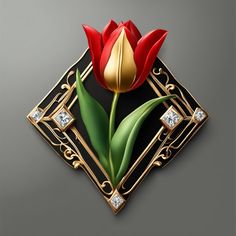 a red and gold tulip with diamonds in the center on a black square background