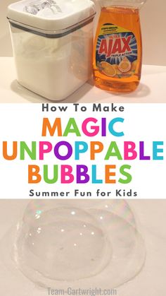 Text: How To Make Magic Unpoppable Bubbles Summer Fun for Kids. Top picture: Sugar and dish soap for 2 ingredient bubble recipe. Bottom picture: Magic bubbles with one bubble inside another. Unpoppable Bubbles, Summer Fun For Kids, Fun For Kids, Summer Fun, For Kids, Bubbles, Soap, Science