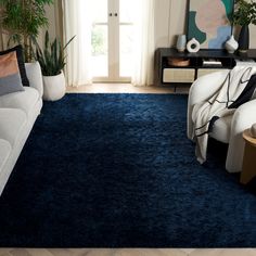 a living room filled with furniture and a blue rug