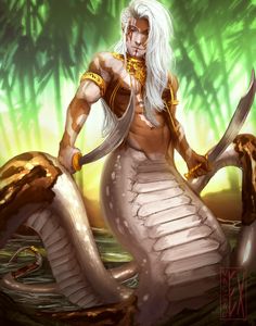 an image of a man with white hair holding two swords in front of a snake