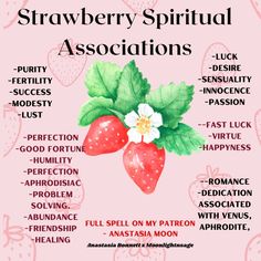 Strawberry Spiritual Associations.  Anastasia Bonnett x Moonlight and Sage shop (moonlightnsage on Instagram and TikTok)  For more spiritual information, subscribe on Patreon: https://www.patreon.com/AnastasiaMoon Peach Pits Witchcraft, Strawberry Witchcraft, Strawberry Meaning, Strawberry Symbolism, Strawberry Magic, Fruit Magic, Strawberry Witch, Witchy Herbs, Glamour Magick