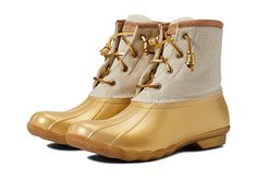 Sperry Saltwater - Women's Lace-up Boots : Gold : Combat cold, wet weather with the waterproof Saltwater boot from Sperry. Duck-inspired waterproof boot. Please note that the rubber foot has a matte finish and not a glossy finish. Leather and textile upper with a waterproof rubber foot. Rawhide lacing with rust proof eyelets for secure fit. Side zipper closure. Micro-fleece lining and cushioned insole for warmth and comfort. Nonmarking rubber outsole with Wave-Siping for ultimate wet/dry tractio Grey Duck Boots, Sperry Rain Boots, Sperry Saltwater Duck Boots, Sperry Boots, Women's Lace Up Boots, Sperry Duck Boots, Duck Shoes, Womens Duck Boots, Rain Boots Women