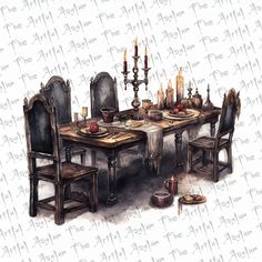 a drawing of a dining room table and chairs with candles on the table in front of it