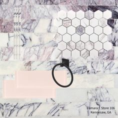 Create a timeless statement with this gorgeous Amethyst 2 in. Hexagon Polished Marble Mosaic. It is easy to clean and makes it an addition to the room that’s both practical and attractive. This 10 x 12 decorative tile comes in white and has a polished or high gloss finish, giving a refined elegance to interior spaces and providing endless design possibilities. Bring an international touch to your home with this marble made in Turkey. Hexagon & octagon-shaped marble create unique eye-catching des Pink And Navy Bathroom, Black Towel Ring, Stone Tile Flooring, Honed Marble Tiles, White Marble Tiles, Primary Bath, Polished Porcelain Tiles, Unique Tile, Black Towels