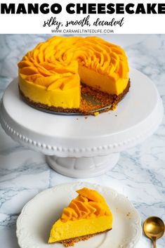 a cheesecake on a white cake plate with a slice missing from it and the text overlay reads mango cheesecake