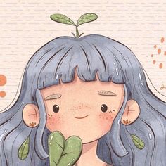 a drawing of a girl with blue hair and green leaves on her head holding a leaf