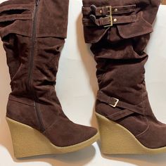 So Many Cute Details: Zipper, Buckles, And A Wedge Heel. These Were A Floor Model. Partial Tags On The Soles. Pet Free Smoke Free Home. All Sales Photographed. See Chart For Size. C2 Casual Brown Platform Wedge Boots, Brown Suede Platform Wedge Boots, Brown Suede High Heel Wedge Boots, Knee High Wedge Boots, Cute Website, Plush Carpet, High Wedges, Qupid Shoes, Cute Boots