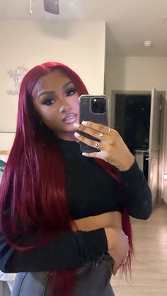 - 𝗳𝗼𝗹𝗹𝗼𝘄 𝟰 𝗺𝗼𝗿𝗲 ➚➚➚ Red Quick Weave Hairstyles Black Women, Burgundy Quick Weave, Red Frontal Wig, Straight Weave, Frontal Wig Hairstyles, Hairstyle Inspo, Protective Hairstyles Braids, Burgundy Hair, Dope Hairstyles