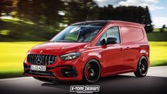 a red mercedes benz van driving down a road with trees in the background and grass on both sides