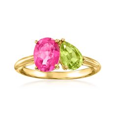 Ross-Simons - 1.60ct Pink Topaz, .90ct Peridot Toi et Moi Ring Over Sterling. Size 5. French for "you and me," Toi et Moi rings are a unique way to celebrate a special relationship in your life. Wear our on-trend, two-stone designs as a sentimental symbol of romance, friendship, family - or simply treat yourself to double the sparkle! This high-impact statement features a 1.60 carat oval pink topaz shimmering beside a .90 carat pear-shaped peridot. Crafted in polished 18kt yellow gold over sterl Diamond Ring Cuts, Emerald Necklace Pendant, Peridot Birthstone, Peridot Color, Pear Shaped Ring, Peridot Stone, Emerald Pendant, Pink Topaz, Peridot Ring