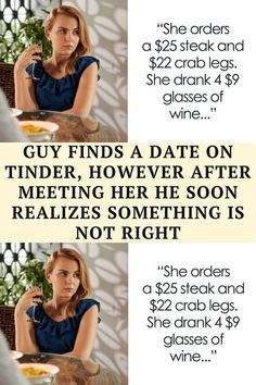 a woman sitting at a table in front of a wine glass with the caption guy finds a date on tinder, however