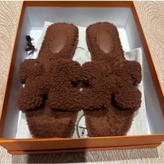 Hermes Teddy Orans In Cognac Size 38. Worn One Time At An Event Hosted In My Home. They Were A Bit Too Snug On Me. Hermes Sandals Fur, Hermes Home, Fluffy Sandals, Fur Mules, Fur Sandals, Hermes Shoes, Hermes Oran, Mule Sandals, My Home