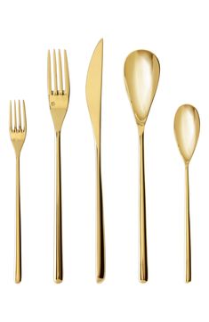 a set of gold colored utensils with one fork and two spoons in the middle