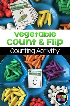 a blue tray filled with different colored vegetables and the words vegetable count and flip counting activity