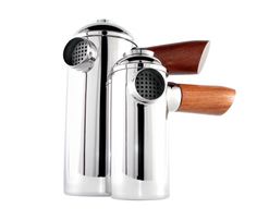 two stainless steel coffee pots with wooden handles