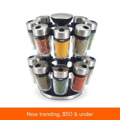 an assortment of spices and seasonings in a spice rack