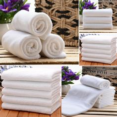 several pictures of towels stacked on top of each other with purple flowers in the background