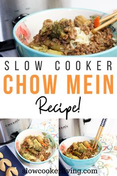 slow cooker chow mein recipe with text overlay