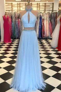 2 Piece Dress Formal, 2 Piece Prom Dresses, Prom Dress High Neck, Formal Dress Blue, Two Piece Prom Dresses, Two Piece Prom, Light Blue Prom Dress, Prom Dresses Two Piece, Prom Dresses 2018