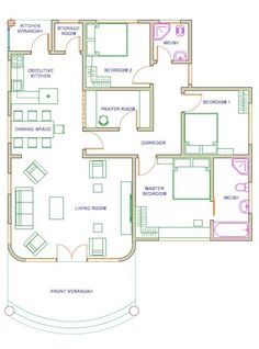 the floor plan for an apartment with three bedroom and two bathroom areas, including a living room