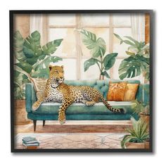 a painting of a leopard laying on a couch in front of a window with plants