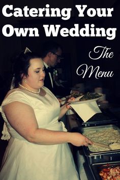 a woman in a white dress is serving food to another person at a buffet table