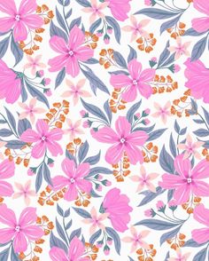 pink flowers and green leaves on a white background with orange, gray and blue accents