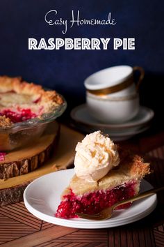 a slice of raspberry pie on a white plate