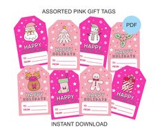 pink gift tags with happy holidays and snowmen on them, all in different designs