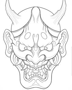 a drawing of a demon mask with horns and fangs on it's face,