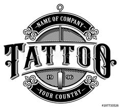 an old style tattoo shop logo with the name tattooed in black on a white background