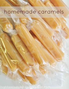 several pieces of homemade caramels wrapped in plastic