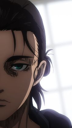 an anime character with black hair and green eyes looking at the camera while standing in front of a window