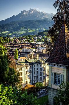 the city is surrounded by mountains and trees