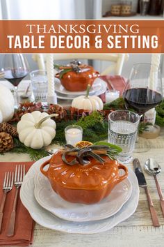 thanksgiving table decor and setting with pumpkins